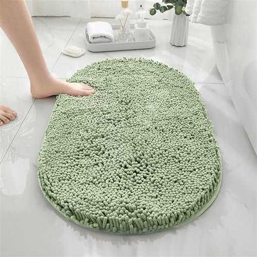 Reyox Badezimmerteppich Oval, Chenille Badematte rutschfest, Weicher Badvorleger, Mikrofaser Absorbent Badteppich für Badezimmer Hellgrün 50x80cm