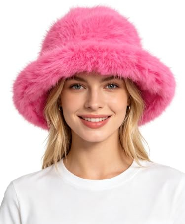 Lina & Lily Sombrero de invierno de gran tamaño de piel sintética para mujer, ala ancha moldeable de pelo largo, Rosa encendido, S-L
