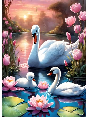 GDYEEH DIY 5D vit Swan Diamond Art Painting Kit, Blommor Full Round Drill Sparkling Diamantmålning Bild, Solnedgång Diamantmålning Konst Hantverkssatser för vuxna nybörjare, heminredning 30 x 40 cm