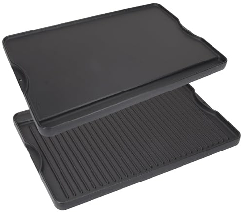 Cast Iron Griddle for Gas Grill, 16 x 24 Reversible Pre-Seasoned Large Flat Top Griddle Plate for Camp Chef etc., Stovetop/Electric/Propane/Charcoal, Outdoor Cooking Oblong Grilling Pan for Camping