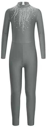 CHICTRY Tuta da Ginnastica a Maniche Lunghe per Bambina e Ragazze Body da Pattinaggio Artistico Strass Leotards da Danza Balletto Pagliaccetto Jumpsuit One Piece Grigio 11-12 anni