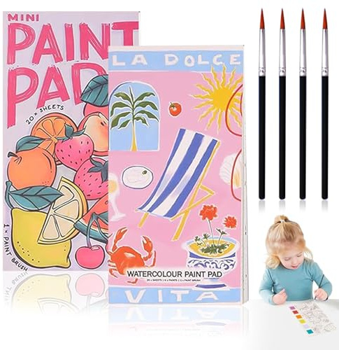 HTTDSLF Watercolour Paint Pad Mini Watercolour Book for Children, Travel, Portable, With 4 Paintbrush