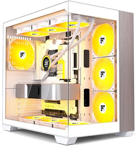 FOIFKIN Carcasa de PC – Placa frontal de madera de nogal, ventilador 7 PWM ARGB preinstalado, carcasa ATX Mid-Tower Gaming PC, cristal panorámico de 270° con tipo C (blanco, M9)