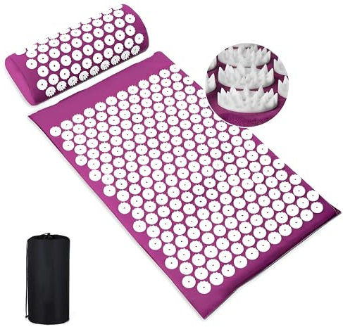 Acupressure Mat and Pillow Set, Acupuncture Massage Mat for Relieving Back, Neck, Feet Pain Muscle Tension Stress Reduction Wellness Therapy, Spike Mattress with Carry Bag for Men Women (Purple)