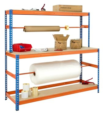 The Workplace Depot Packing Workbench – Heavy-Duty Powder-Coated Steel Frame, 13 mm Chipboard Worktop, Adjustable Reel Bars & Shelves, Ideal for Warehouse & Dispatch Areas
