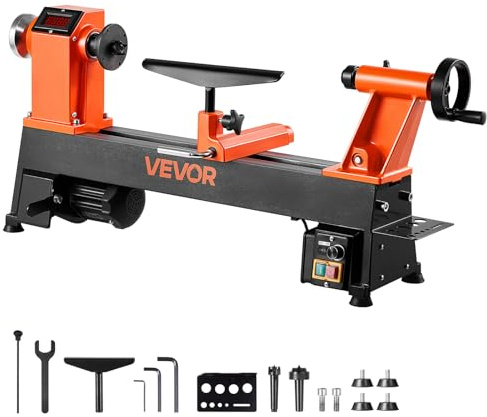VEVOR Tour à Bois Établi 30,4x46,5 cm Tour à Bois Électrique, 750 W, avec Vitesse Variable 150-3800 tr/min, Moteur CC sans Balais, Corps en Fonte, pour Tournage de Petits Objets Débutants Bricoleurs