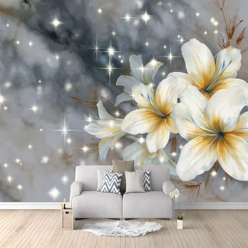 Light Gray Panoramic Custom Photo Wallpaper Wall Mural 138 x 101 inch (W x H), Elegant Marble Flowers Photo Wallpaper 3D Effect - Poster Decoration for Bedroom Living Room Corridor