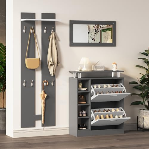 Set di appendiabiti da parete 80 x 25 x 96,5 cm, con specchio, 2 pannelli da parete, una mensola e una scarpiera, corpo grigio antracite opaco, per mobili da corridoio, appendiabiti da corridoio, set