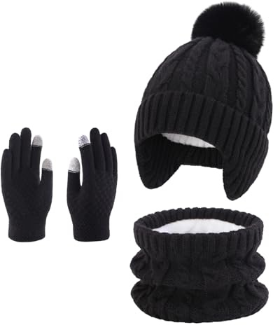 UJBVCX 3 Pezzi Set di Cappello a Maglia Sciarpa Guanti Bambini Invernale Berretto con Pompon di Caldo Accessori Invernali 3in1 Set per Bambina 3-10 Anni