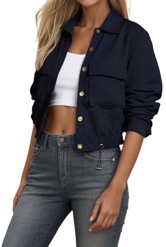 Generisch Veste cropped vintage pour femme, automne et hiver, veste en velours côtelé, boutonnée, légère, surdimensionnée, avec poches, mode d'extérieur, couleur unie, veste d'aviateur, veste