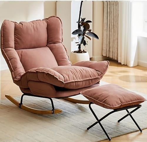 BYGSBKDP Rocking Chair with Adjustable Backrest, Comfy Chairs for Bedrooms, Extra-Wide Upholstered Gliding Chair, Modern Accent Chair for Living Room Nursery Terrace (Pink,With a footrest)