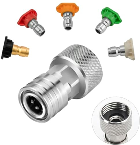 Garden Hose to Mini Power Washer Adapter-3/4 GHT to 1/4, Stainless Steel Adapter Screws, Leak-Proof Secure Fit Quick Installation for Cars Garden Furniture Windows Driveways (Connector +5 Nozzle Set)
