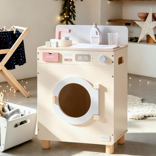 ROBUD TOY Washing Machine Pretend Playset, Wooden Washer for Kids Age 3+ | Toddler Pretend Play Kitchen Gift with Iron, Laundry Bag & Accessories, Role Play Set for Boys & Girls