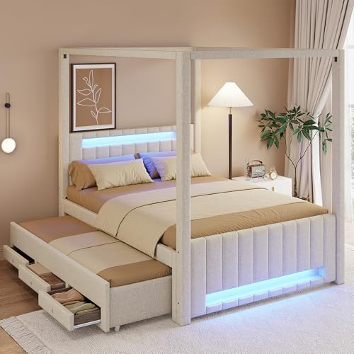 Huayz Lit à baldaquin 140 x 200 cm avec LED, 3 tiroirs et lit gigogne double avec sommier à lattes, cadre de lit, cadre de lit, lit adolescent, sans matelas (beige)