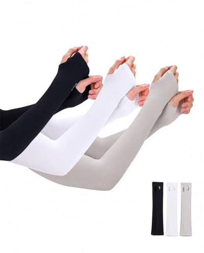 YIPFEN Manchettes de Bras Anti UV - 3 Paires Taille Unique (Noir, Gris, Blanc), Protection Solaire Refroidissantes Soie Glacée Respirantes pour Sport Homme Femme.