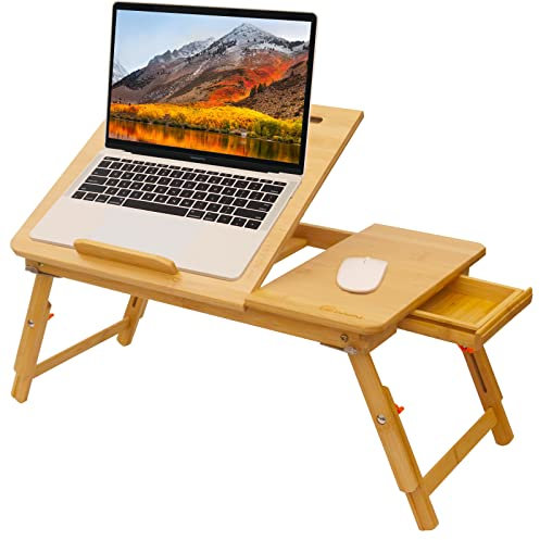 COIWAI Laptop Lap Desk, Laptop Desk for Bed, Bamboo Foldable Corner Height Adjustable Stand with Tablet Phone Slot Storage Tray, Portable Drawer Table for Kids Netebook Breakfast Work Study
