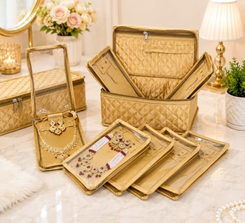 atorakushon Set of 5 Satin Makeup Pouches Cosmetic Necklace Earrings Vanity Jewellery Organizer For Women's (Golden)