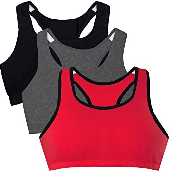 Fruit of the Loom Women's Built Up Tank Style Sports Bra Fashion Colors, Opaque, Red Hot with Black/Charcoal/Black, 34 (Pack of 3)