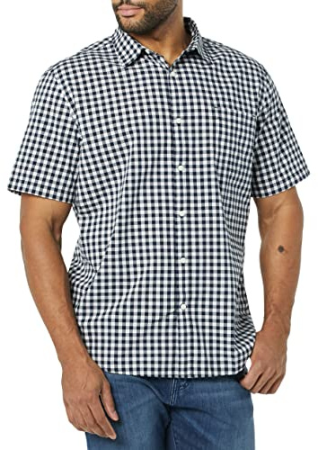 Amazon Essentials Camisa de popelina elástica, manga corta (Disponible en Tallas Grandes) Hombre, Azul Marino Blanco Guinga, 3XL Grande