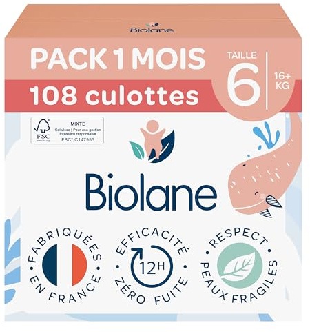 BIOLANE - Couches culottes - Taille 6 (16+ kg) - Zéro fuite pendant 12h - Pack 1 mois - 108 Couches Pants - Fabriquées en France