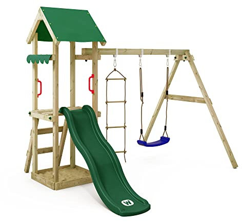 WICKEY Spielturm Klettergerüst TinyCabin mit Schaukel & grüner Rutsche, Outdoor Kinder Kletterturm mit Sandkasten, Leiter & Spiel-Zubehör für den Garten