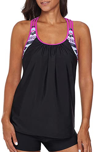 IHCEMIH Bañador Mujer Tankini Push up Relleno Dos Piezas Bañadores Conjunto Reductor Barriga Cintura Alta Boxer Traje de Baño Ropa de Playa Natacion Piscina Deportivo Tankinis Verano Negro Rosa M