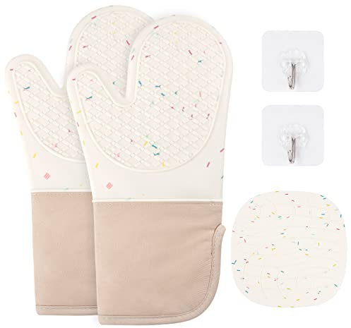 AUAUY Ofenhandschuhe Set, 1 Paar Silikon und Baumwolle Anti-Rutsch Kochhandschuhe, 446F° Hitzebeständige Topfhandschuhe, Backofen Handschuhe für Küche Kochen Backen Grillen BBQ mit 1 Topflappen