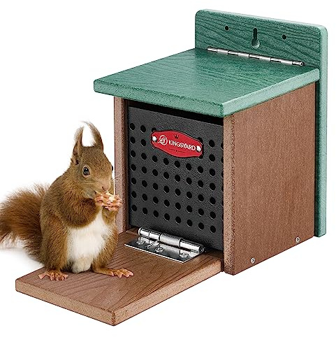 Kingsyard Squirrel Feeder Box for Outside, Recycled Plastic Squirrel Feeder with Removable Metal Front Panel & Perch, Easy to Fill & Clean, Weather-Proof Roof (Green)