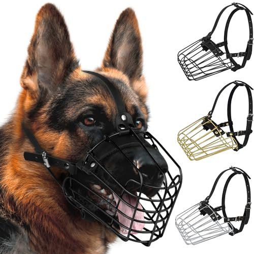Museruola per cane pastore tedesco, cesta di metallo per cani di taglia media e grande, cinghie in pelle regolabili e resistenti, maschera in filo metallico sicura per mordere, masticare, abbaiare