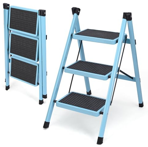 3 Step Ladder, Folding Step Stool for Adults, Lightweight Aluminum Step Ladder, Portable 330 LBS Capacity Ladders for Home Kitchen Library Office, Small Step Stools with Anti-Slip Wide Pedals, Blue