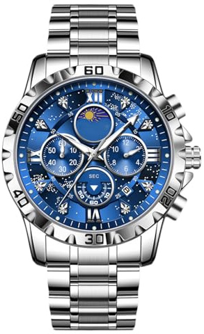 RORIOS Montres Bracelet Multifonction pour Homme Montre Élégant Diamant Watch Mode Analogique Quartz de Poignet Acier Inoxydable Chronographe Argent Bleu