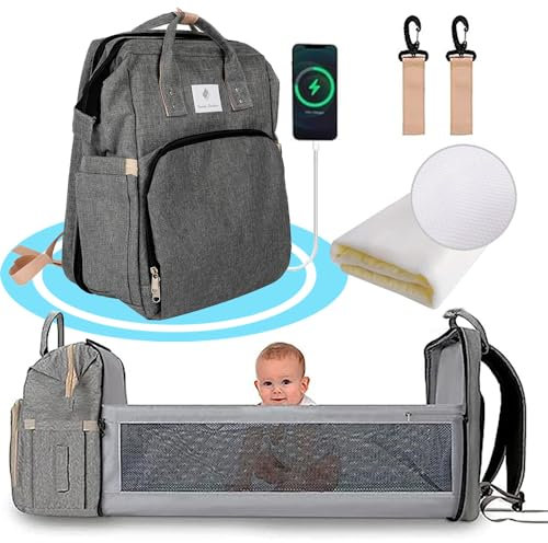 Dekohome Mochila para Pañales con Cuna, Mochila Cambiador Multifuncional para Pañales y Almacenaje de Artículos para Bebé, Múltiples Compartimentos, Graduable y Resistente, Incluye Ganchos para Carro