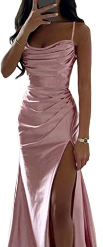 ORANDESIGNE Satin Abendkleid Damen Spaghettiträger Maxikleid Fischschwanzkleider Elegant Lange A-Linie Backless Cocktailkleider Sexy Lang Brautjungfer Kleid Partykleid mit Schlitz (A Rosa, S)