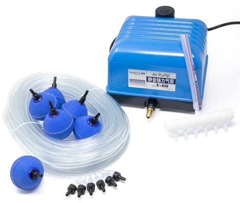 VIALIA Teichbelüfter V-60 Komplettset | Leistungsstarke 60W Pumpe für optimale Sauerstoffversorgung | inkl. Belüftersteine, Schlauch & Luftverteiler | Robustes & langlebiges Aluminiumgehäuse