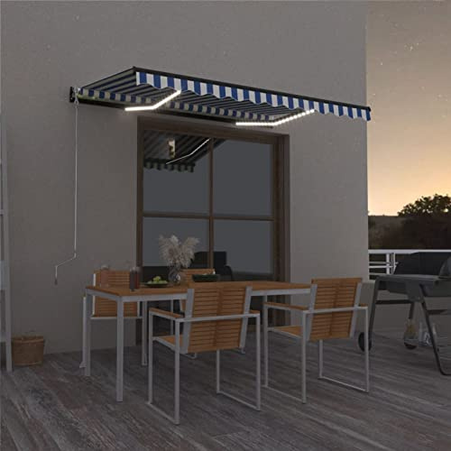 Faroom Toldo Manual Retráctil con LED Solar 400 x 300 cm, Toldo Enrollable Aluminio y Poliéster,Toldo Completo con Manivela, Toldo Manual para Balcón y Veranda Azul y Blanco