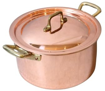 CREARTISTIC Casseruola alta in Rame Stagnato Con Coperchio - Pentola 23x11cm 4L -Per ragù ed altri sughi, Con 2 Maniglie in ottone, Fatto a mano - 100% Made in Italy,