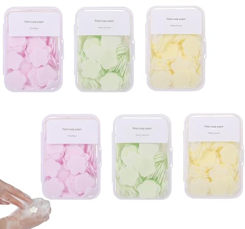 Iensen Lot de 600 mini feuilles de savon portables – Papier parfumé jetable pour le lavage des mains, savon soluble dans l'eau pour le camping, la randonnée et une utilisation en extérieur (mélange)