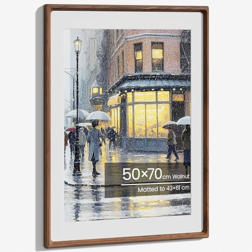 50x70cm Frame, Natural Solid Walnut Wood Poster Frame Large Picture Frames Handcrafted 50x70cm Frames Matted to 43x61cm Photo Hang Portrait or Landscape for Wall Gallery Decor with Tempered Glass