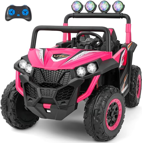 ELEMARA 2 Seater 24V Ride on Toys for Big Kids,Electric Car for Kids w/Parent Remote Control,Heavy-Duty Electric Ride On Truck w/ 4-Wheeler Suspension,5 Mph Max Speed,Bluetooth,Rainbowlight*4,Pink