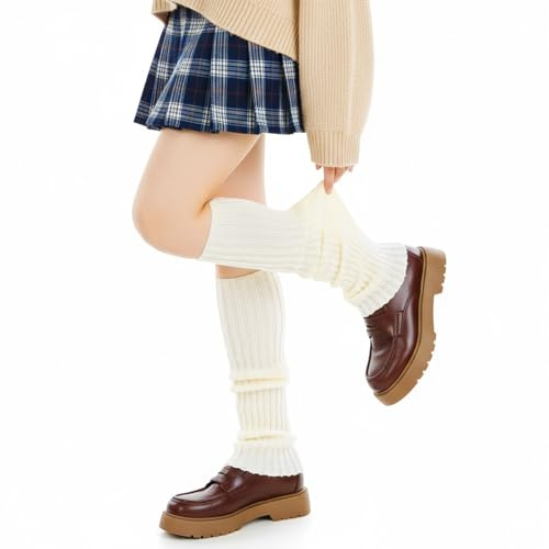 Ouligay 1 Paar Stulpen Damen Winter Weiß Leg Warmers Beinstulpen Damen Crochet Stricken Stulpen Mädchen Weiß Lange Beinwärmer Frauen Gestrickt Beinwärmer Legwarmers für Ballett Yoga Fitness Länge 50cm