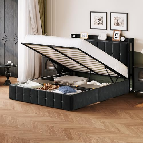 IDEALHOUSE Full Bed Frame with Lift Up Storage, Upholstered Velvet Bed with Storage Headboard, Metal Platform Bed, Button Tufted Headboard, No Box Spring Needed, Solid Wooden Slats, Black