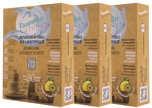 ESSENTIA Detersivo Ecologico in Fogli per Lavastoviglie | 3 Confezioni da 80 Lavaggi | Ultraconcentrato e Biodegradabile con Enzimi Naturali | Profumo Limone | Elimina Calcare e Odori | Plastic Free