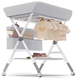 Cambiador plegable 2 en 1 con bañera incorporada - Estructura de acero reforzado 25 kg - Cesta de almacenamiento lateral ergonómica 0-12 meses (gris)