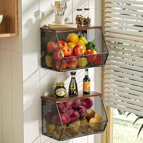 Cesta de Frutas de Pared 2 Piezas, Cesta de Almacenaje de Metal con Tapa de Madera, Organizador de Cocina Apilable y Colgante, Cesta de Malla para Verduras y Pan, Negro, 30x18x22cm