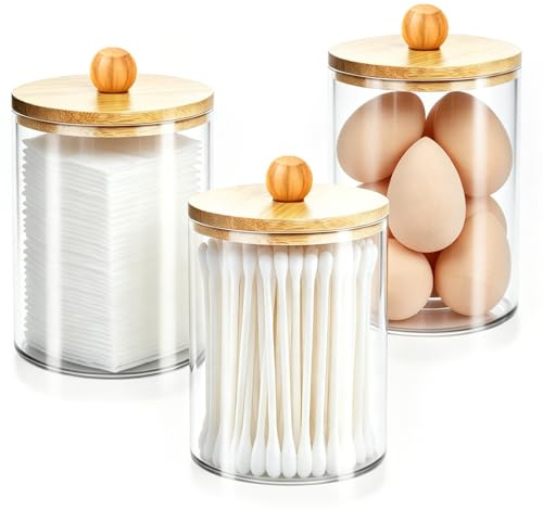 Aiseeok Set de 3 Organizador Bastoncillos de Algodón Acrílico con Tapa, Dispensador Contenedor Discos Desmaquillantes Bolas de Algodón Almacenamiento Cosméticos Baño Tocador, Transparente, Negro