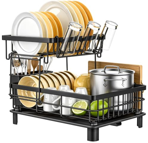 2-Tier Kitchen Dish Drainer Rack with Drip Tray & 360° Rotating Spout | Space-Saving, Rust-Resistant Powder-Coated Iron, Large Capacity Dish Drying Rack for Plates, Cups and Cutlery, Black