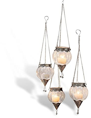 Loberon Hängewindlicht 4er Set Matré, Bezaubernder Vintage-Charakter, orientalisches Flair, romantischer Look, für Teelichter, Indoor und Outdoor, Glas, Messing, antiksilber/klar