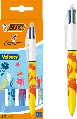 BIC - 4 Colours Velours, Kugelschreiber, mittlere Spitze, 1 mm, verschiedene Designs, Blau, Rot, Grün, Schwarz, 3 Stück