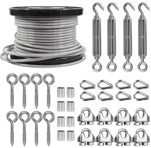 TooTaci 5mm Edelstahlseil Set, 60M/5mm Drahtseil Edelstahl Spanndraht, Stahlseil ummantelt aus PVC, Stahlseil mit ösen, M6 Seilspanner Edelstahl Seilspanngarnitur für Hängen, Rankhilfe, Gardinen seil
