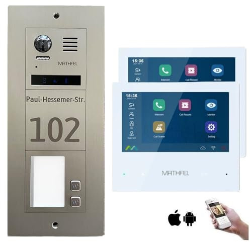 MATHFEL 2-Draht-Bus WLAN Video Türsprechanlage - Personalisierte Außenstation inklusive Gravur, ideal für 2 Familienhaus, mit 2X 7'' Monitor